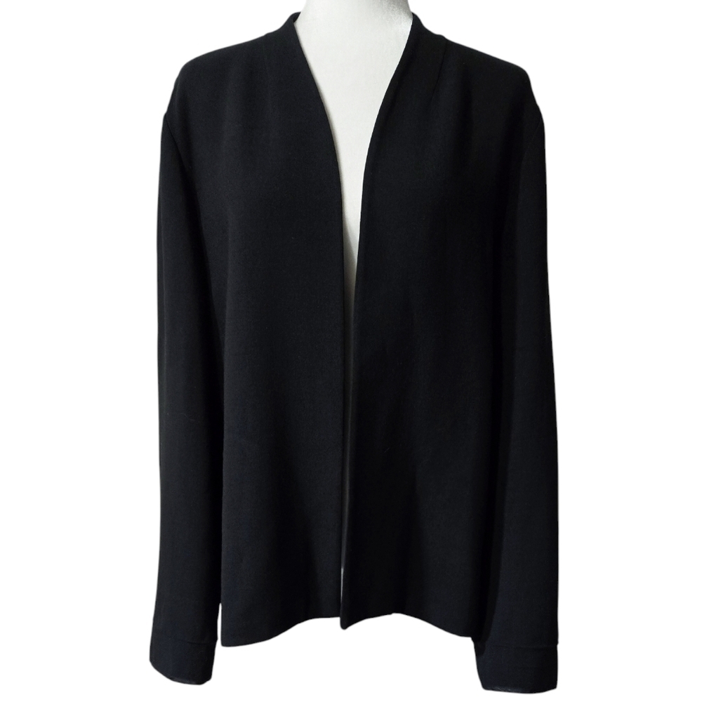 Eileen Fisher Wool Blend Black Open Front Stand Collar Jacket Pockets Minimalist
